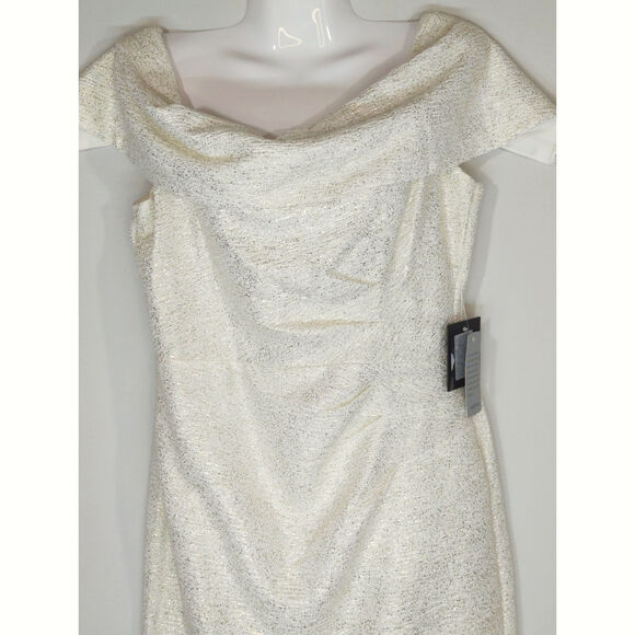Marina Off-the-Shoulder Metallic Knit Shirred Dress Womens 10 NWT Holidays Party - Picture 3 of 10